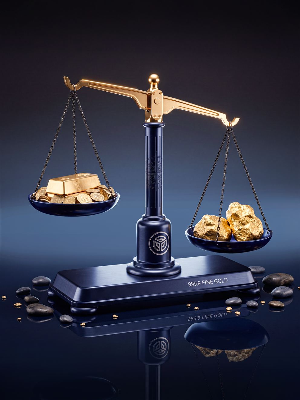 Balance scale with refined gold bar and coins on one side and gold nuggets on the other