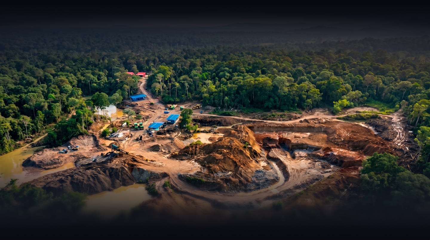 Aerial view of the alluvial gold mining concession in Madre de Dios, Peru
