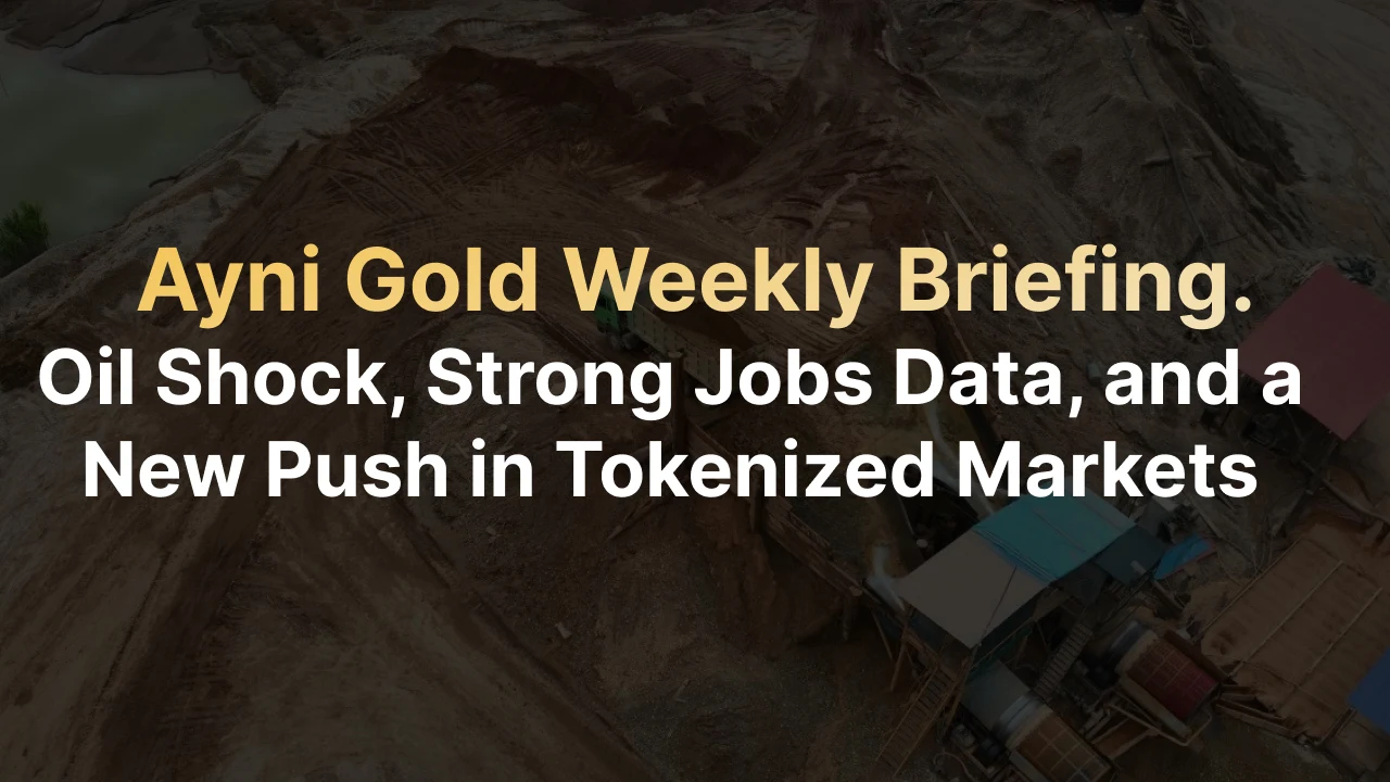 Ayni Gold Weekly Briefing — Oil Shock, Strong Jobs Data, and a New Push in Tokenized Markets, with mining equipment in the background.
